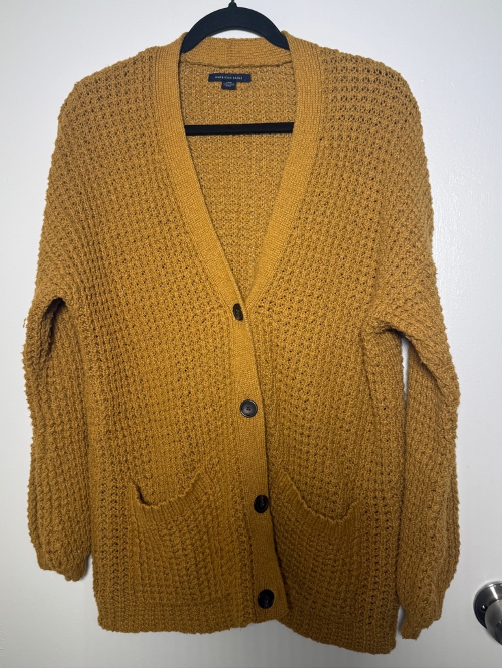 American Eagle Cozy Mustard Knit Button-Front Cardigan - Womens Large